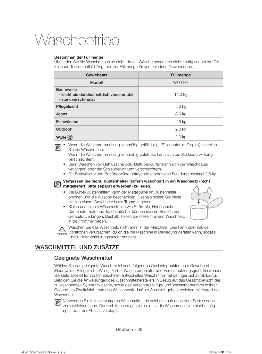 Samsung WF71184ZBD/XEG manual Waschmittel UND Zusätze, Geeignete Waschmittel, Gewebeart Füllmenge 