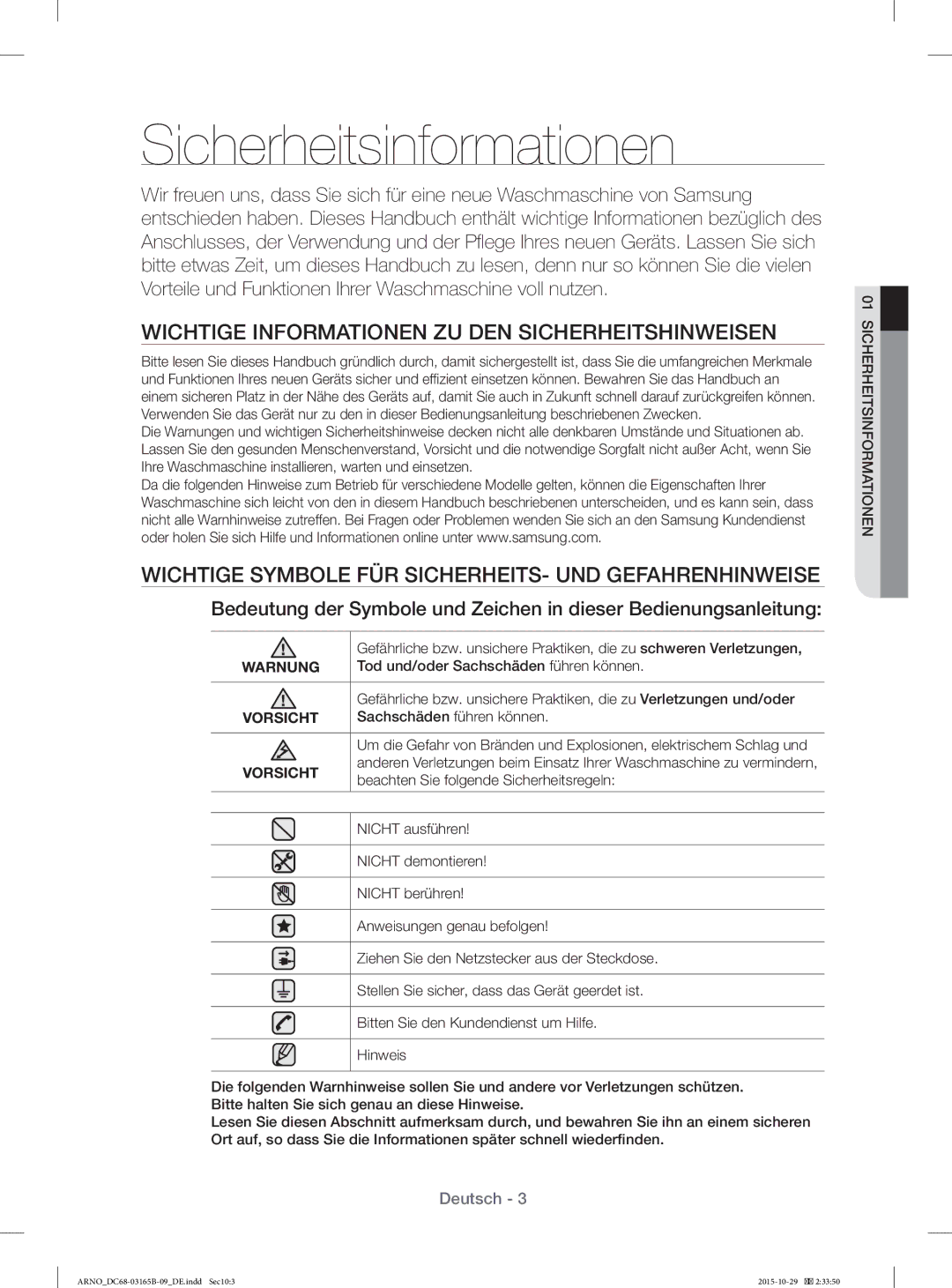 Samsung WF71184ZBD/XEG manual Sicherheitsinformationen, Wichtige Informationen ZU DEN Sicherheitshinweisen 