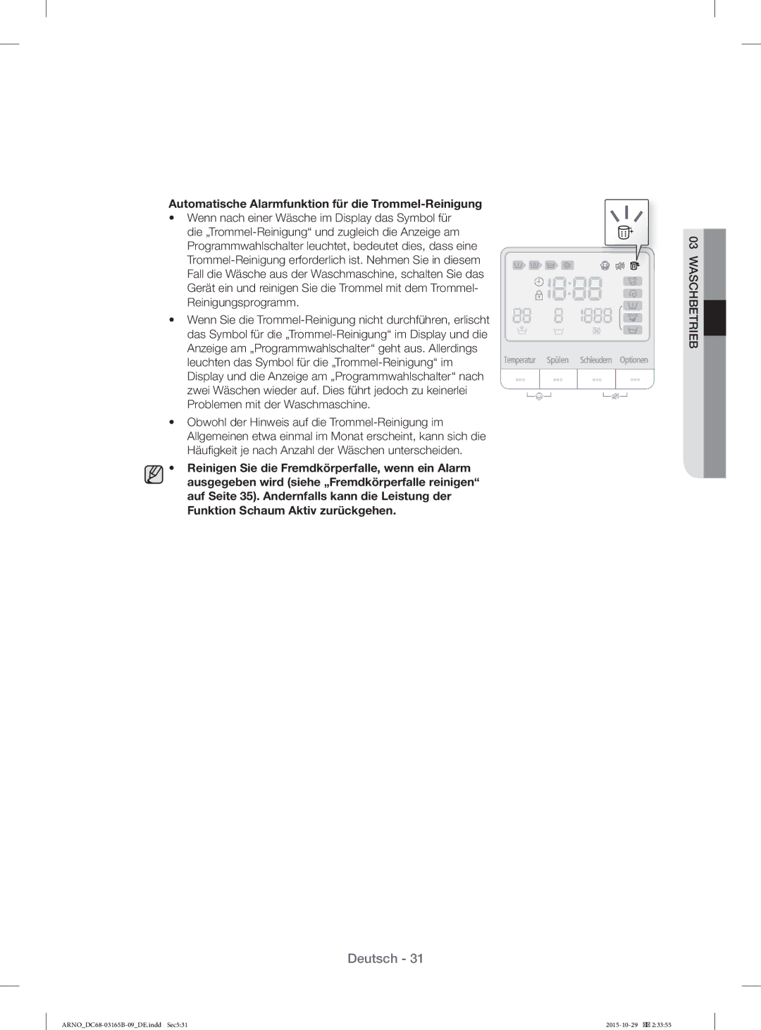 Samsung WF71184ZBD/XEG manual Automatische Alarmfunktion für die Trommel-Reinigung 