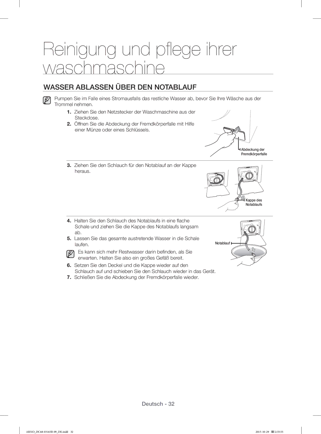 Samsung WF71184ZBD/XEG manual Wasser Ablassen Über DEN Notablauf 