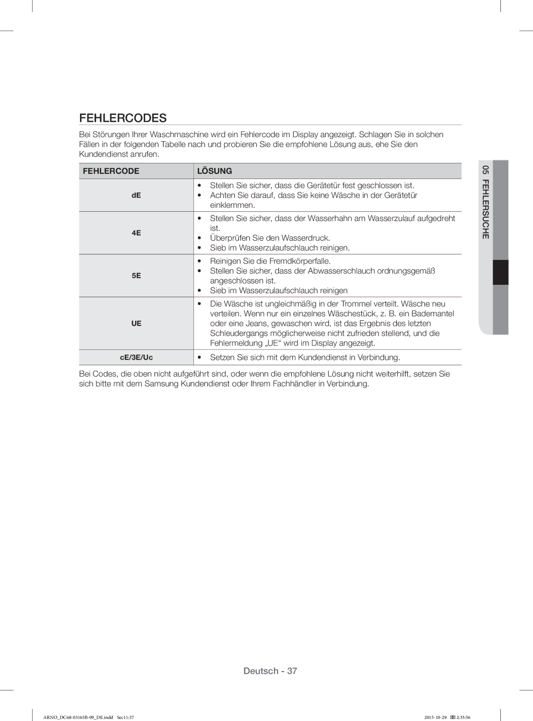 Samsung WF71184ZBD/XEG manual Fehlercodes 