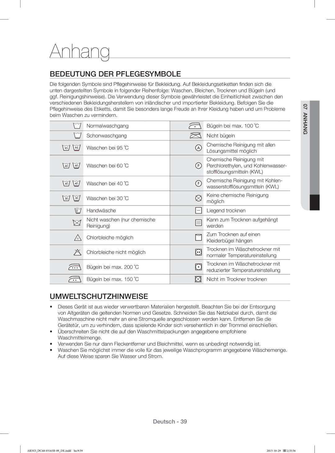 Samsung WF71184ZBD/XEG manual Anhang, Bedeutung DER Pflegesymbole, Umweltschutzhinweise 