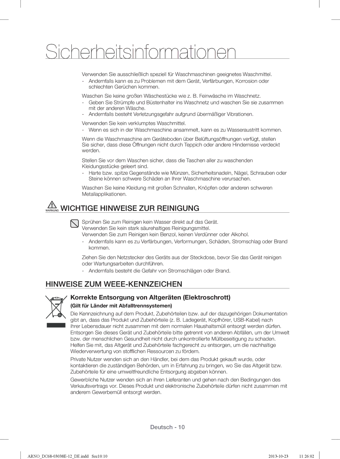 Samsung WF71284ZAC/XEG manual Warnung Wichtige Hinweise ZUR Reinigung, Hinweise ZUM WEEE-KENNZEICHEN 