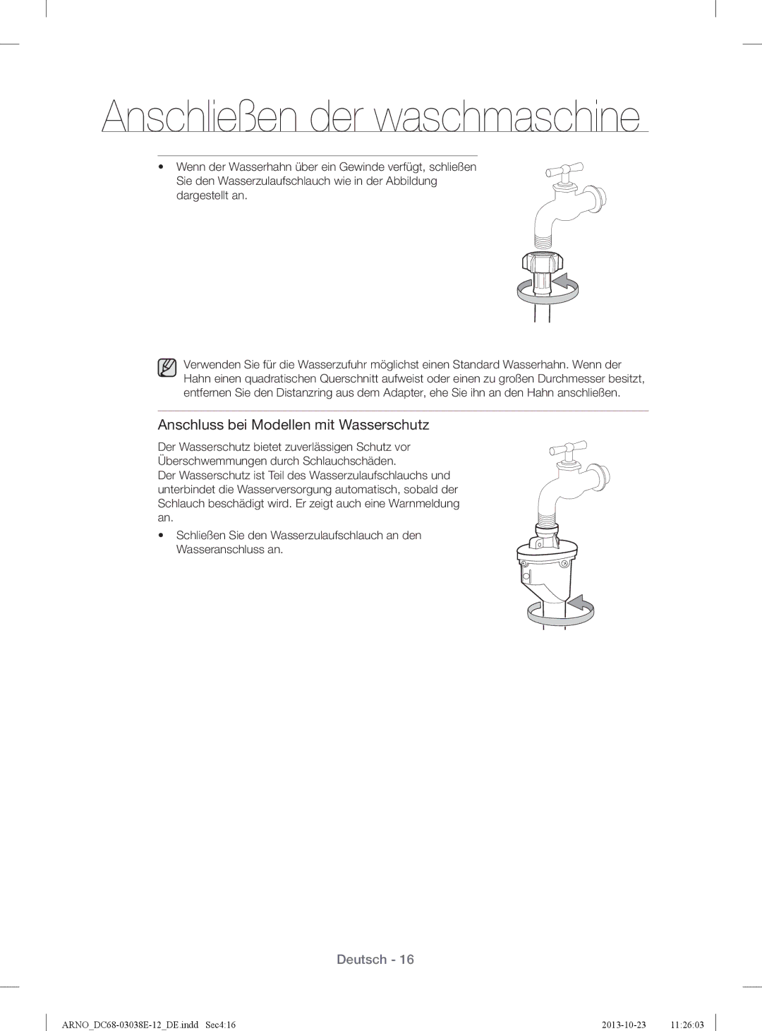 Samsung WF71284ZAC/XEG manual Anschluss bei Modellen mit Wasserschutz 