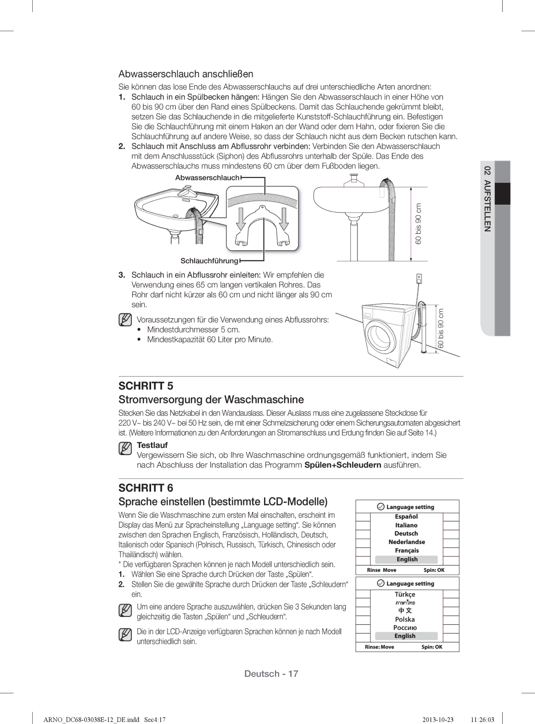 Samsung WF71284ZAC/XEG Stromversorgung der Waschmaschine, Sprache einstellen bestimmte LCD-Modelle, Unterschiedlich sein 