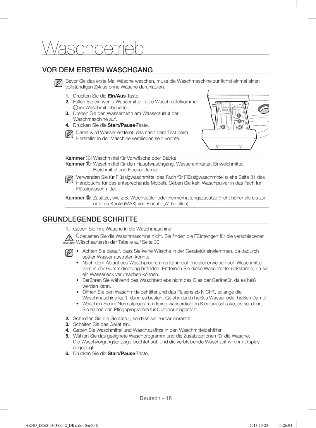 Samsung WF71284ZAC/XEG manual Waschbetrieb, VOR DEM Ersten Waschgang, Grundlegende Schritte 