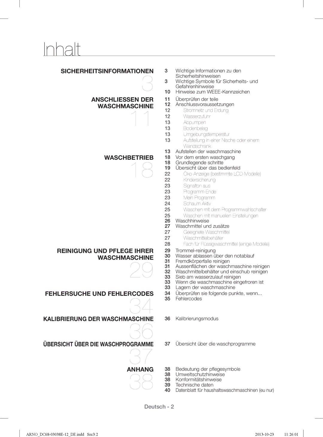 Samsung WF71284ZAC/XEG manual Inhalt 