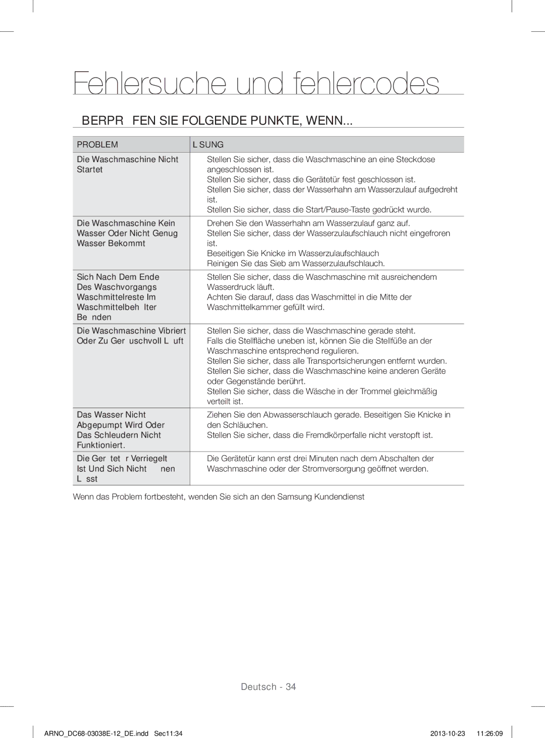 Samsung WF71284ZAC/XEG manual Fehlersuche und fehlercodes, Überprüfen SIE Folgende PUNKTE, Wenn 