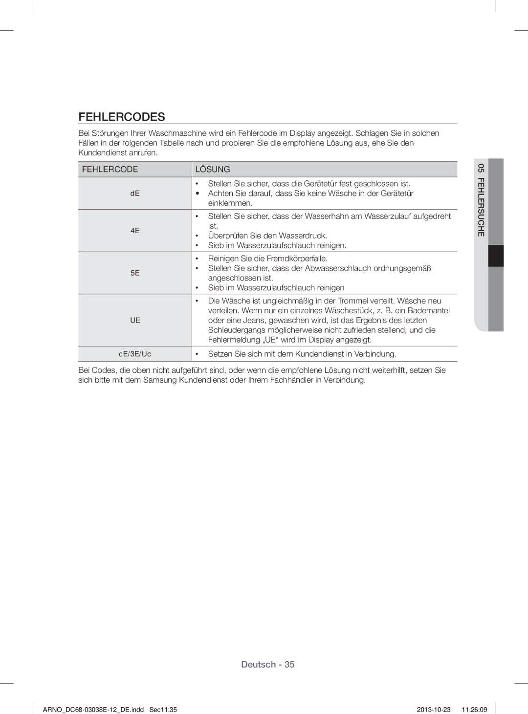 Samsung WF71284ZAC/XEG manual Fehlercodes 