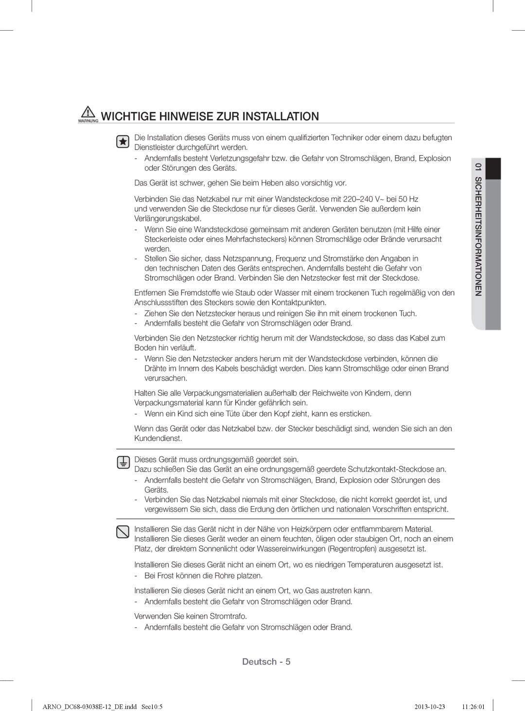 Samsung WF71284ZAC/XEG manual Warnung Wichtige Hinweise ZUR Installation 