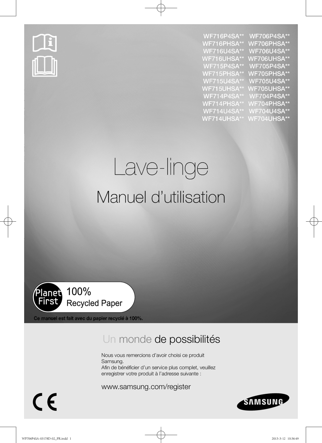 Samsung WF716P4SAWQ/EN manual Lave-linge, Nous vous remercions d’avoir choisi ce produit Samsung 