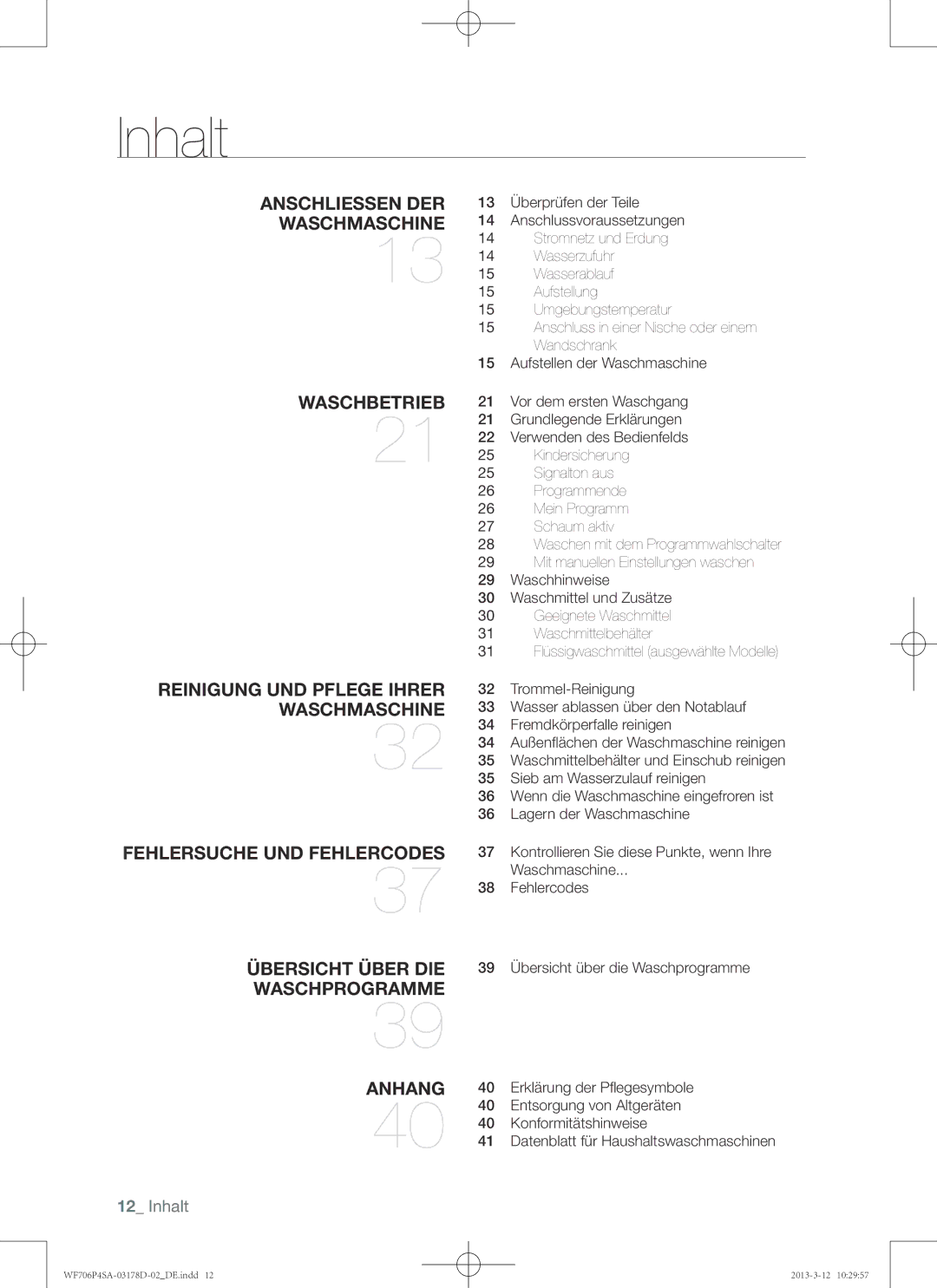 Samsung WF716P4SAWQ/EN manual Inhalt 