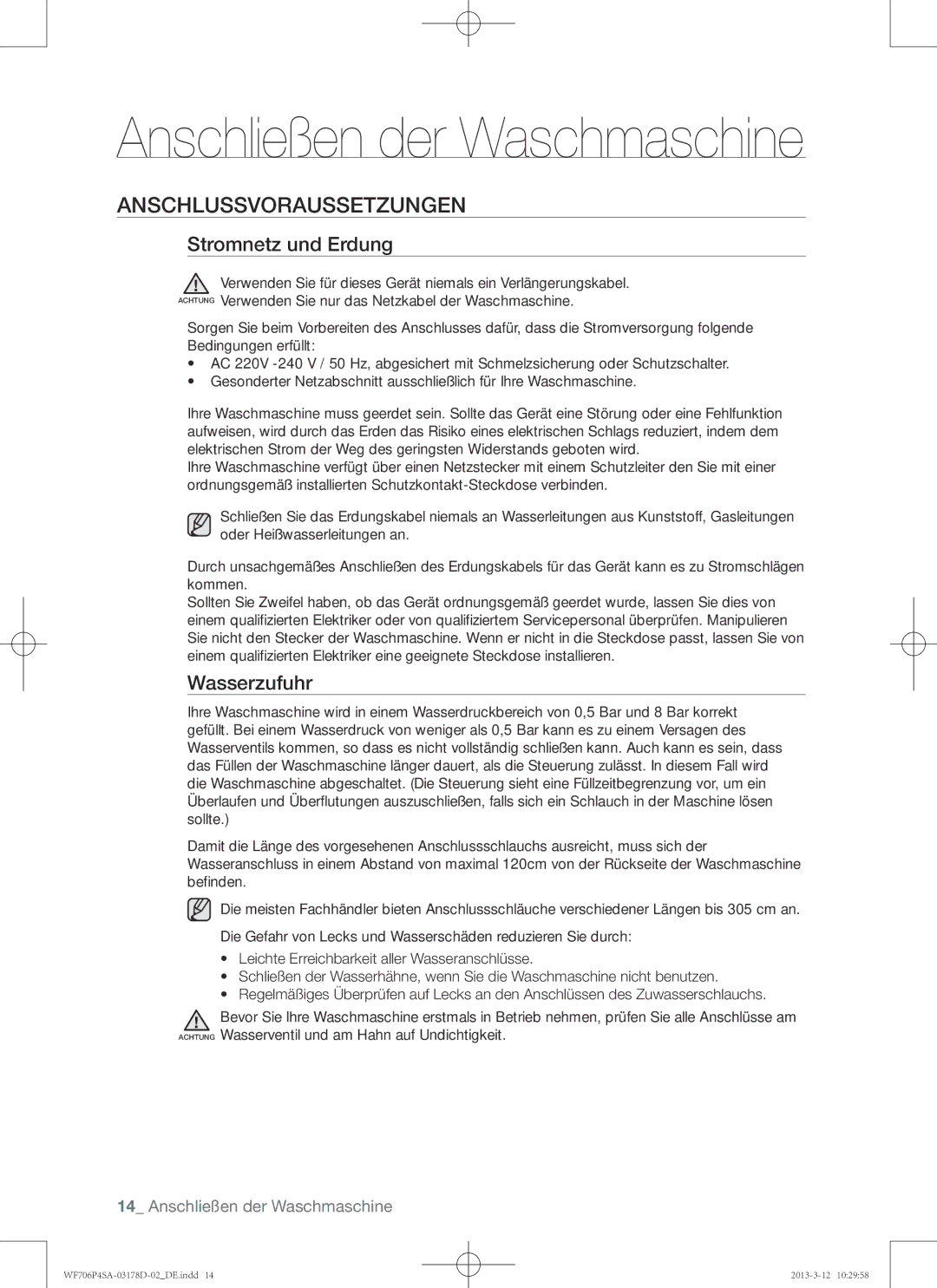 Samsung WF716P4SAWQ/EN manual Anschlussvoraussetzungen, Stromnetz und Erdung, Wasserzufuhr 