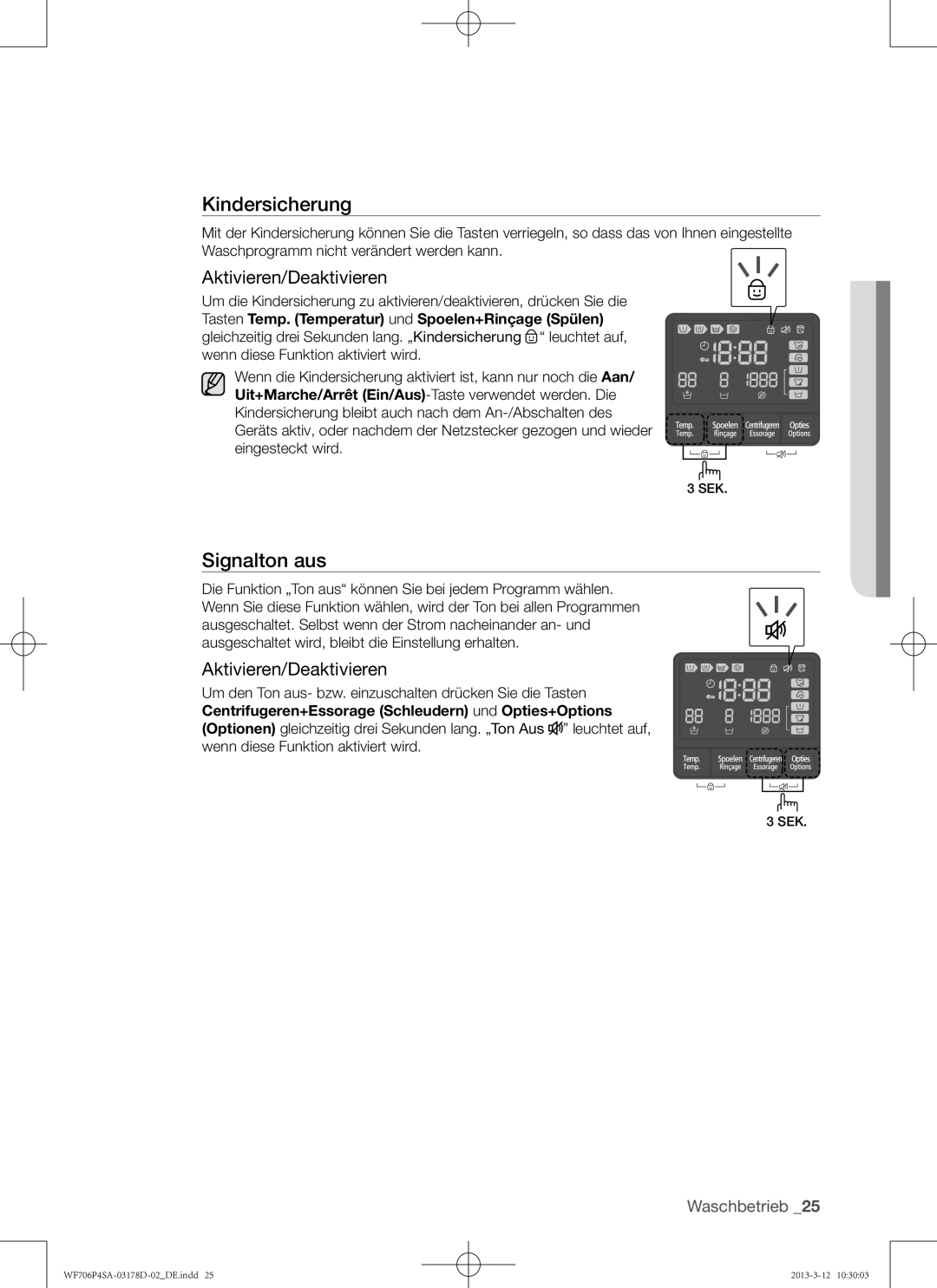 Samsung WF716P4SAWQ/EN manual Signalton aus, Aktivieren/Deaktivieren 