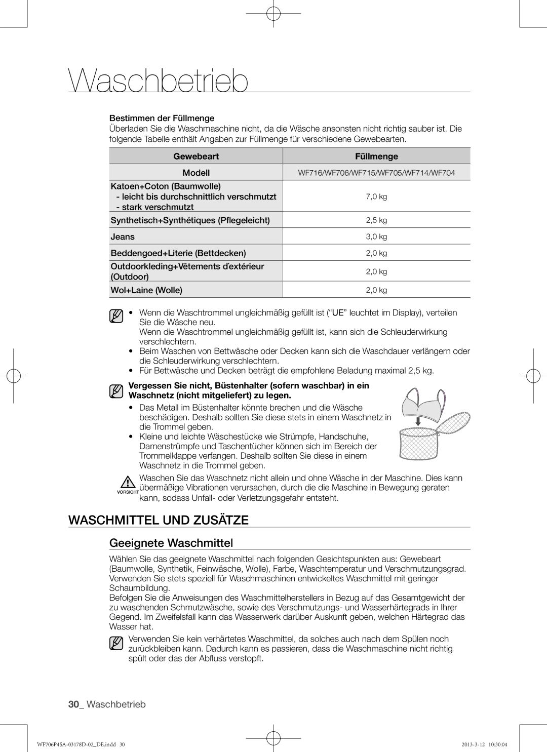 Samsung WF716P4SAWQ/EN manual Waschmittel und Zusätze, Geeignete Waschmittel, Modell 