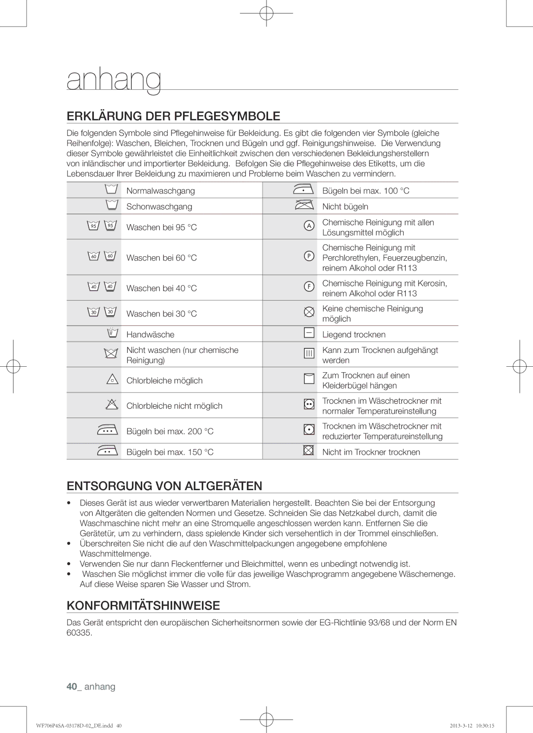 Samsung WF716P4SAWQ/EN manual Anhang, Erklärung der Pflegesymbole, Entsorgung von Altgeräten, Konformitätshinweise 