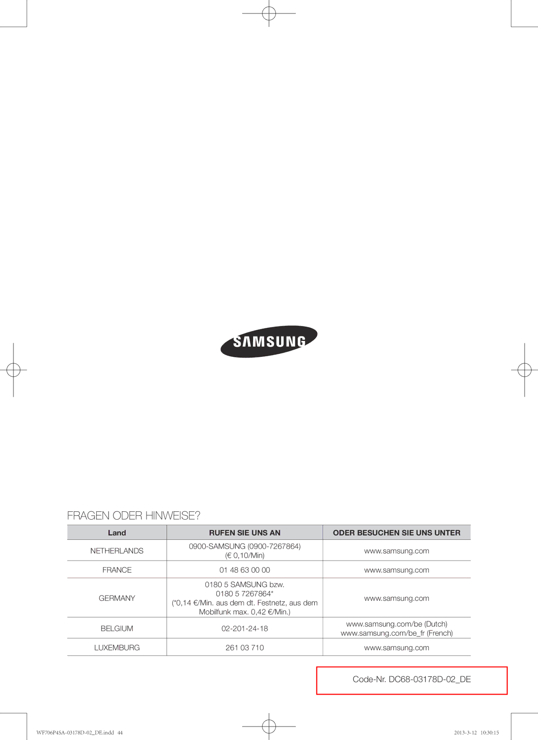 Samsung WF716P4SAWQ/EN manual Fragen Oder HINWEISE?, Code-Nr. DC68-03178D-02DE 