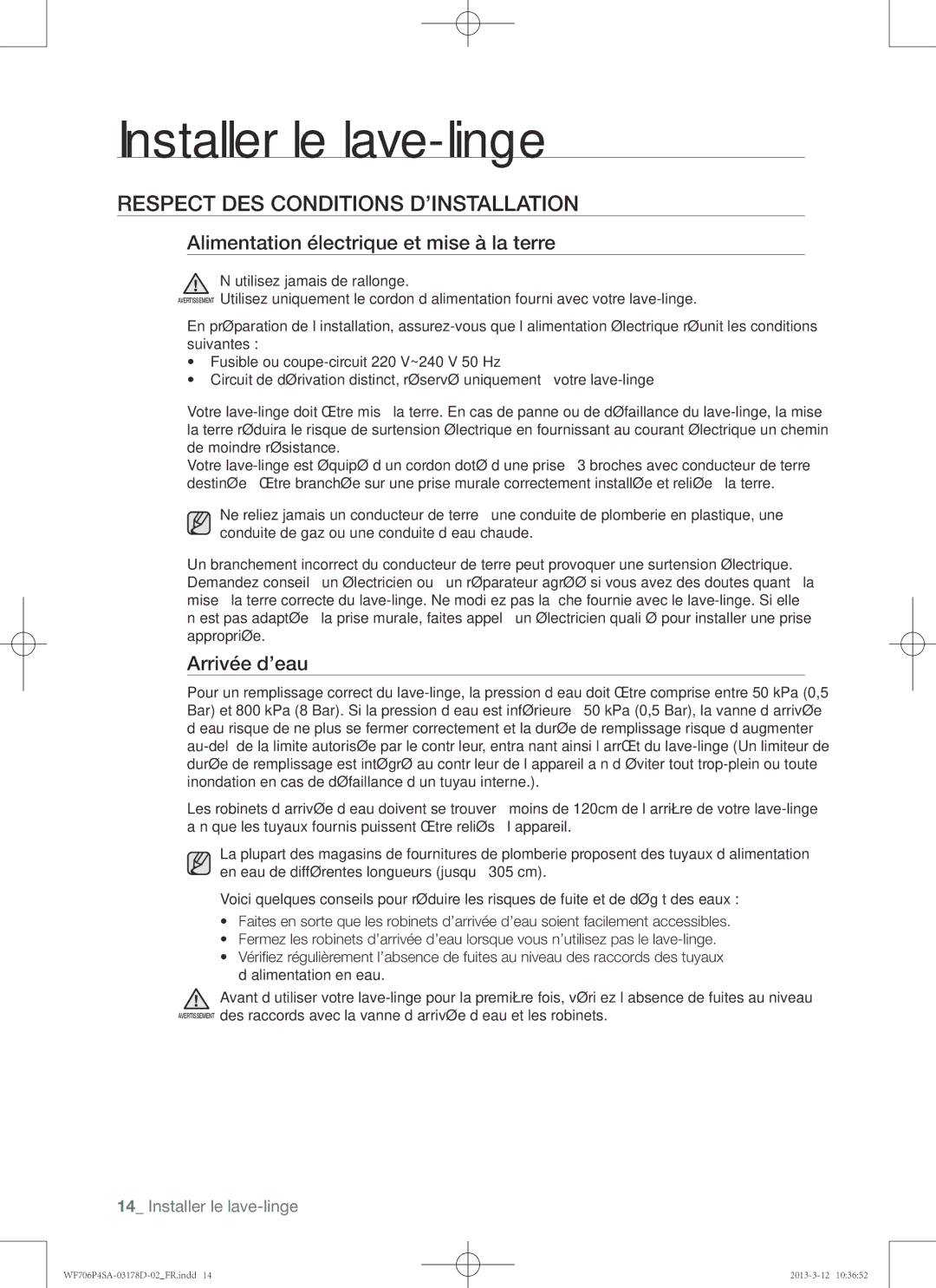 Samsung WF716P4SAWQ/EN Respect des conditions d’installation, Alimentation électrique et mise à la terre, Arrivée d’eau 