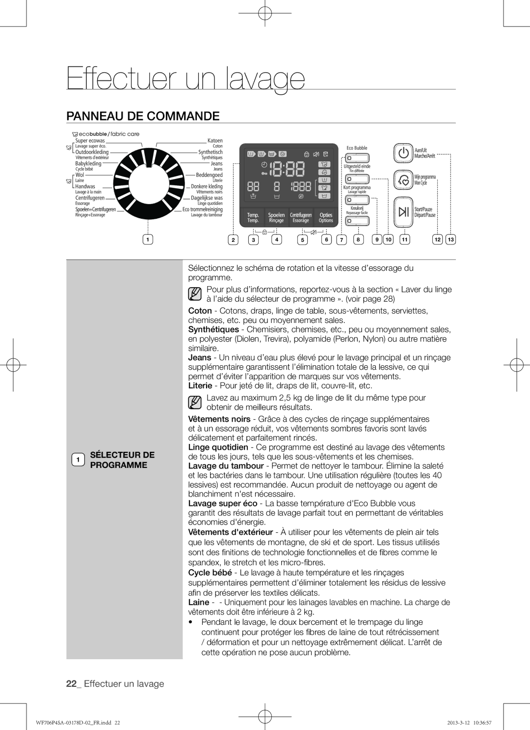 Samsung WF716P4SAWQ/EN manual Panneau de commande, Sélecteur DE Programme 