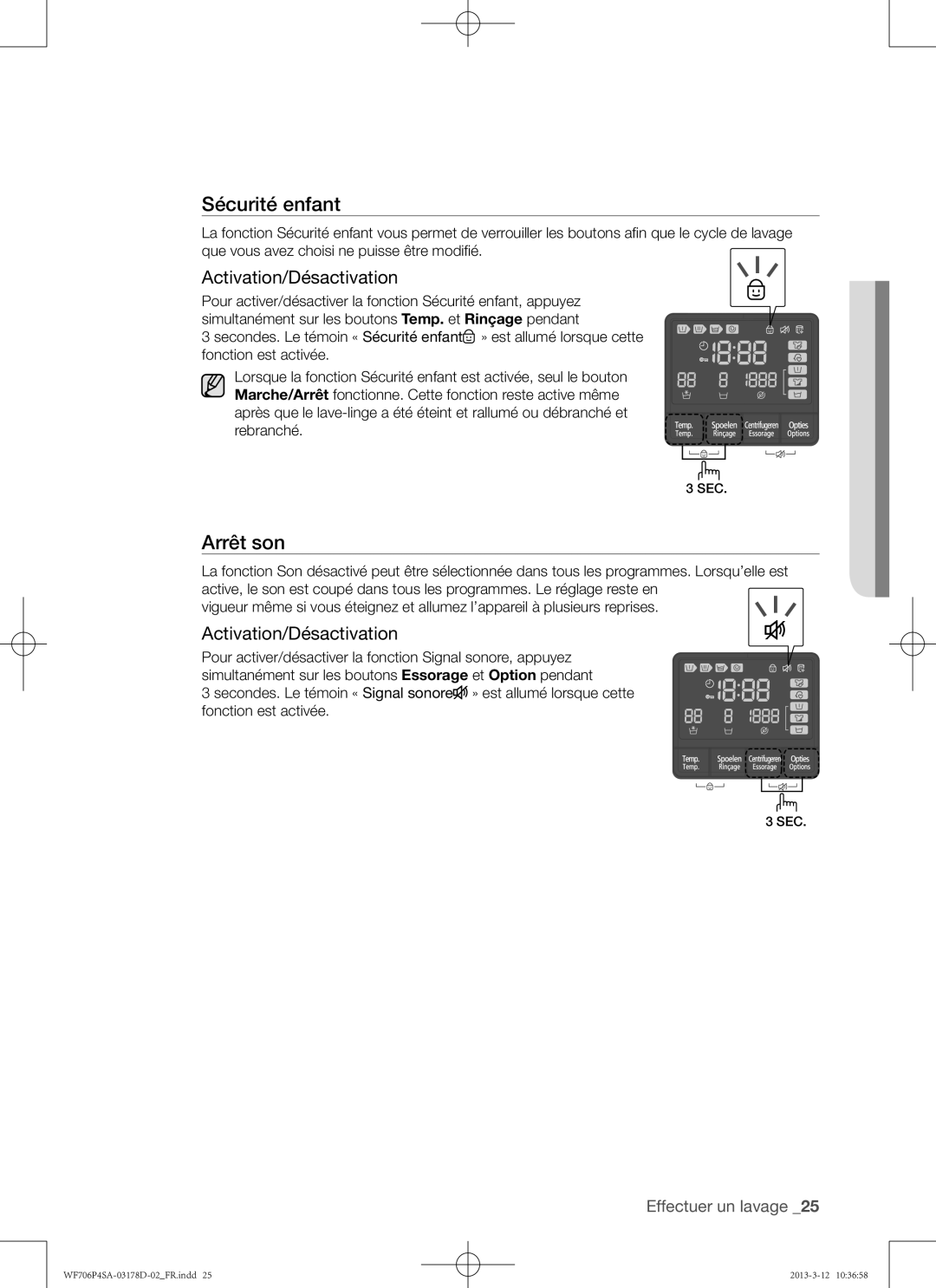 Samsung WF716P4SAWQ/EN manual Arrêt son, Activation/Désactivation 