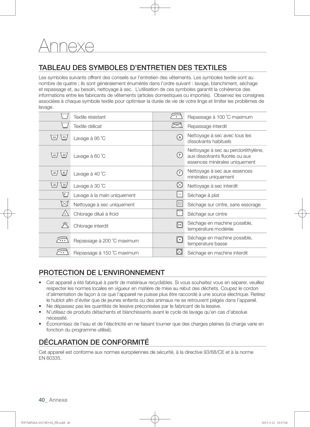 Samsung WF716P4SAWQ/EN manual Annexe, Tableau des symboles d’entretien des textiles, Protection de l’environnement 