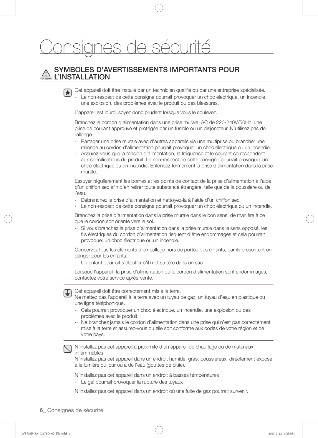 Samsung WF716P4SAWQ/EN manual Consignes de sécurité 