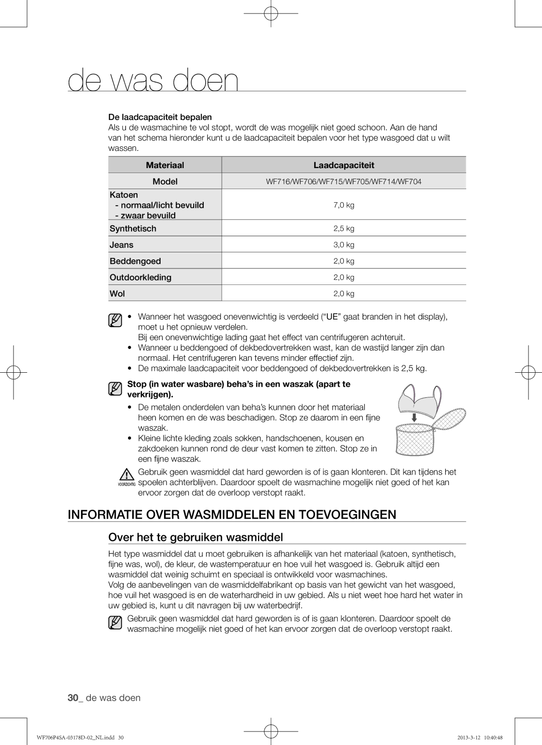 Samsung WF716P4SAWQ/EN manual Informatie over wasmiddelen en toevoegingen, Over het te gebruiken wasmiddel, Model 