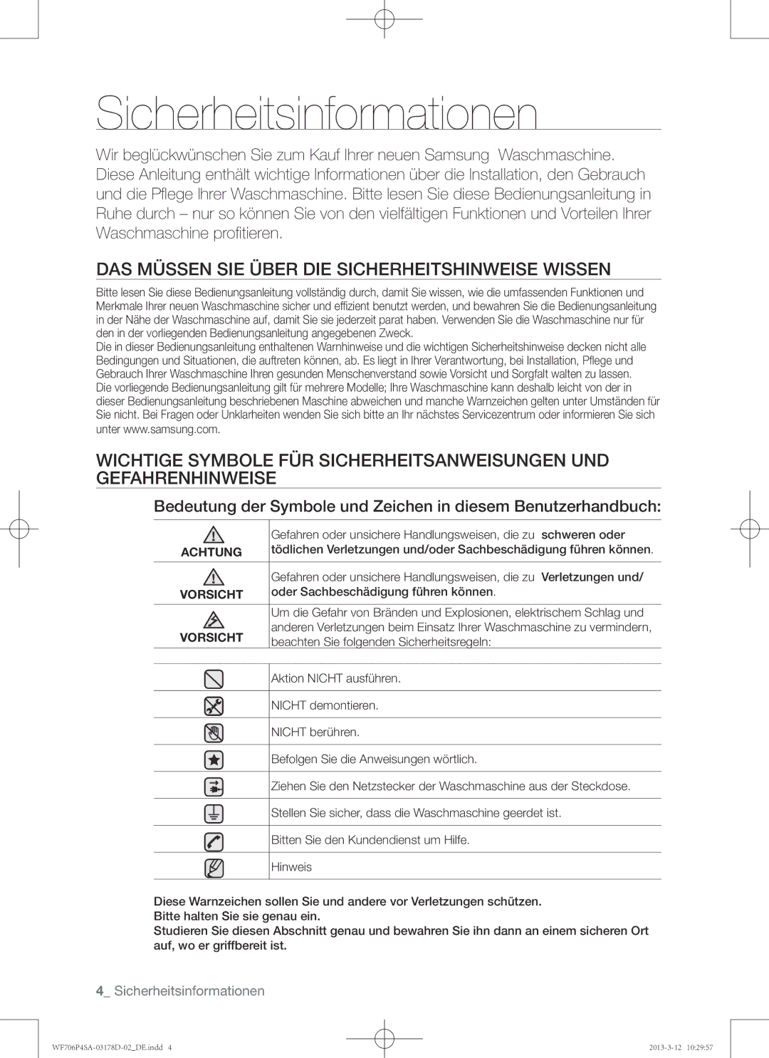 Samsung WF716P4SAWQ/EN Sicherheitsinformationen, DAS Müssen SIE Über DIE Sicherheitshinweise Wissen, Achtung, Vorsicht 