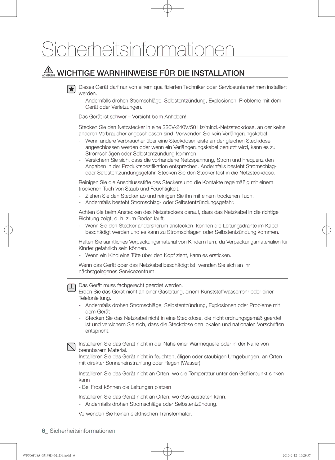 Samsung WF716P4SAWQ/EN manual Achtung Wichtige Warnhinweise FÜR DIE Installation 