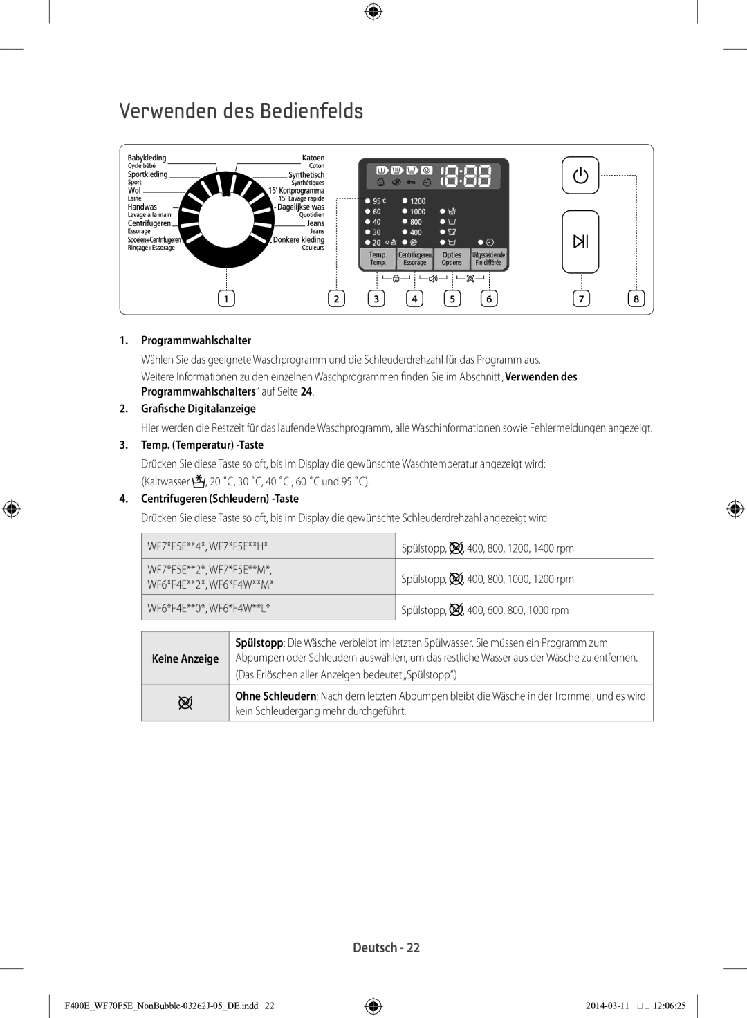 Samsung WF71F5E0Z4W/EN Verwenden des Bedienfelds, Programmwahlschalter, Grafische Digitalanzeige, Temp. Temperatur -Taste 