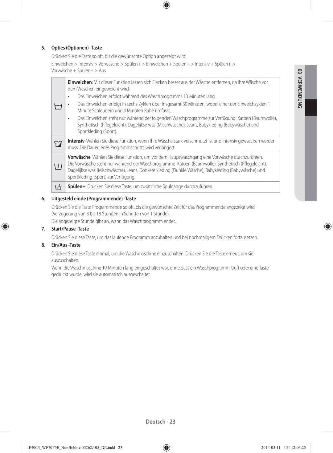 Samsung WF71F5E0Z4W/EN Opties Optionen -Taste, Uitgesteld einde Programmende -Taste, Start/Pause -Taste, Ein/Aus -Taste 