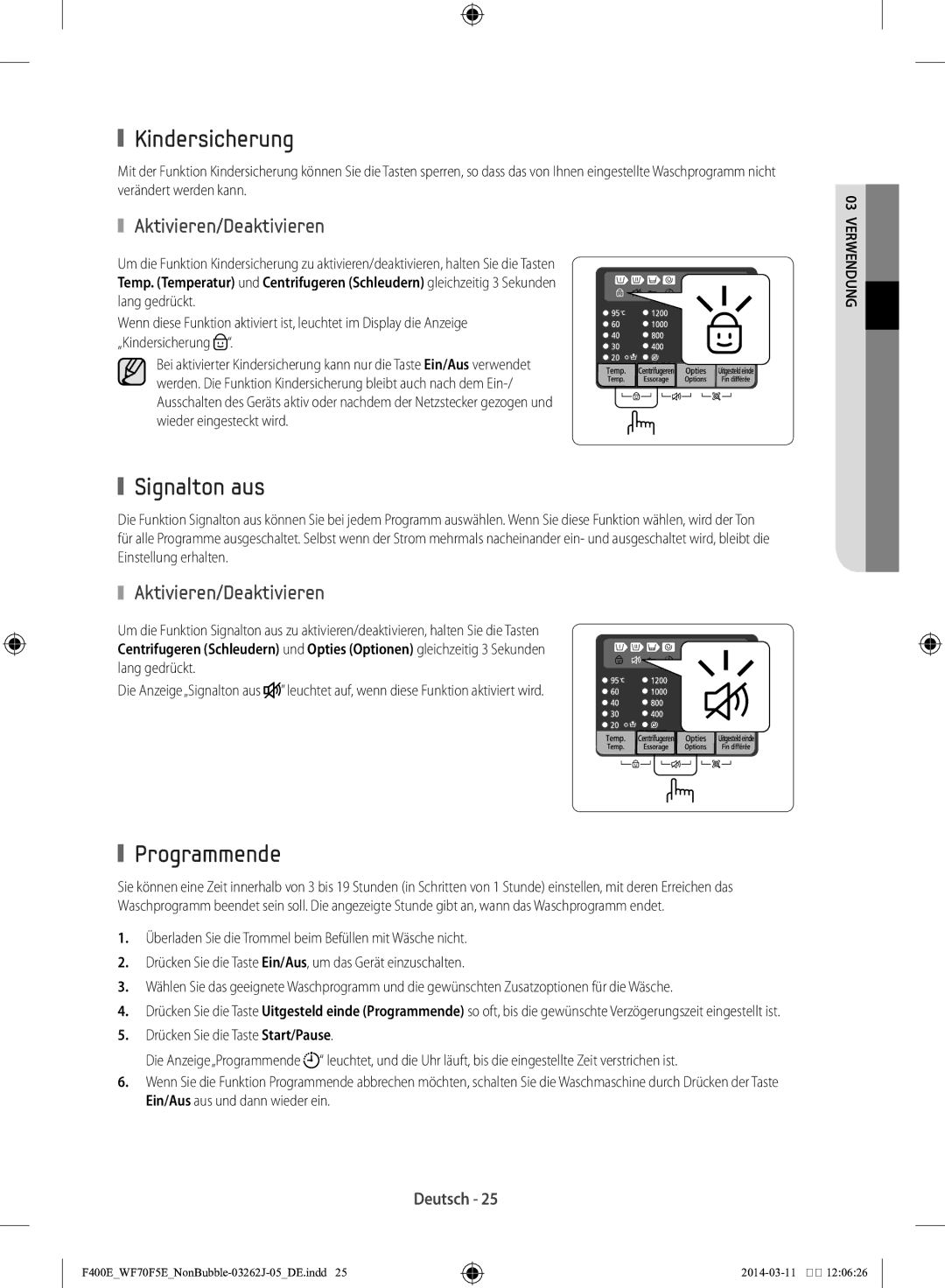 Samsung WF71F5E0Z4W/EN manual Kindersicherung, Signalton aus, Programmende, Aktivieren/Deaktivieren 