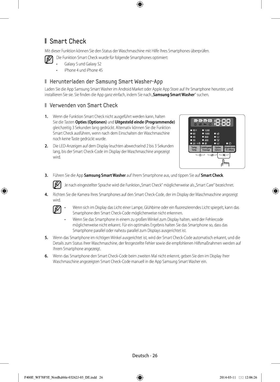 Samsung WF71F5E0Z4W/EN manual Herunterladen der Samsung Smart Washer-App, Verwenden von Smart Check 