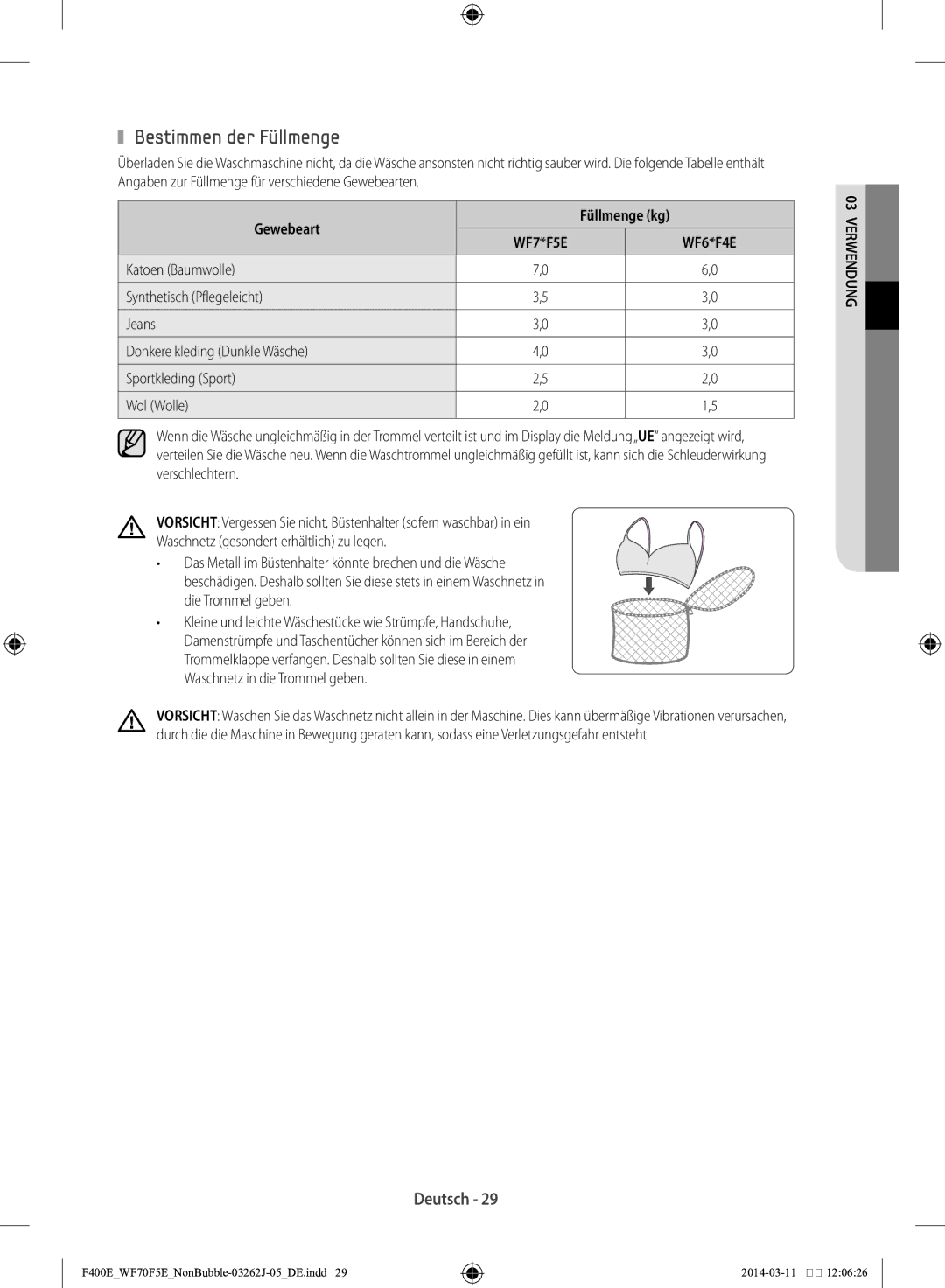 Samsung WF71F5E0Z4W/EN manual Bestimmen der Füllmenge, Gewebeart Füllmenge kg 