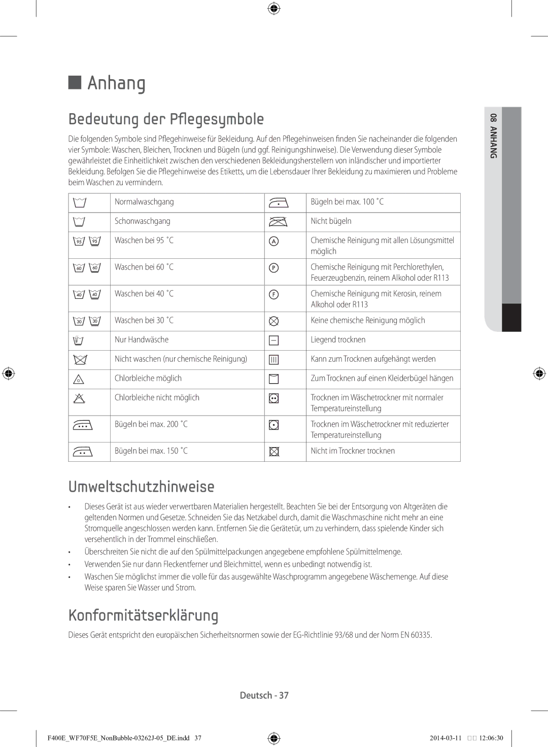 Samsung WF71F5E0Z4W/EN manual Anhang, Bedeutung der Pflegesymbole, Umweltschutzhinweise, Konformitätserklärung 