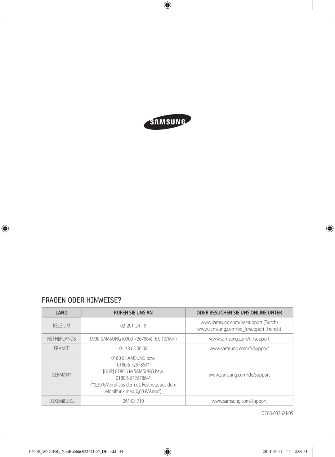 Samsung WF71F5E0Z4W/EN manual Fragen Oder HINWEISE?, Land Rufen SIE UNS AN 