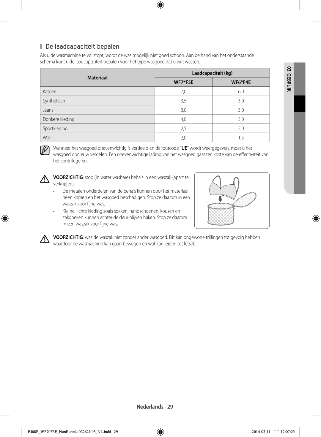 Samsung WF71F5E0Z4W/EN manual De laadcapaciteit bepalen, Materiaal Laadcapaciteit kg 