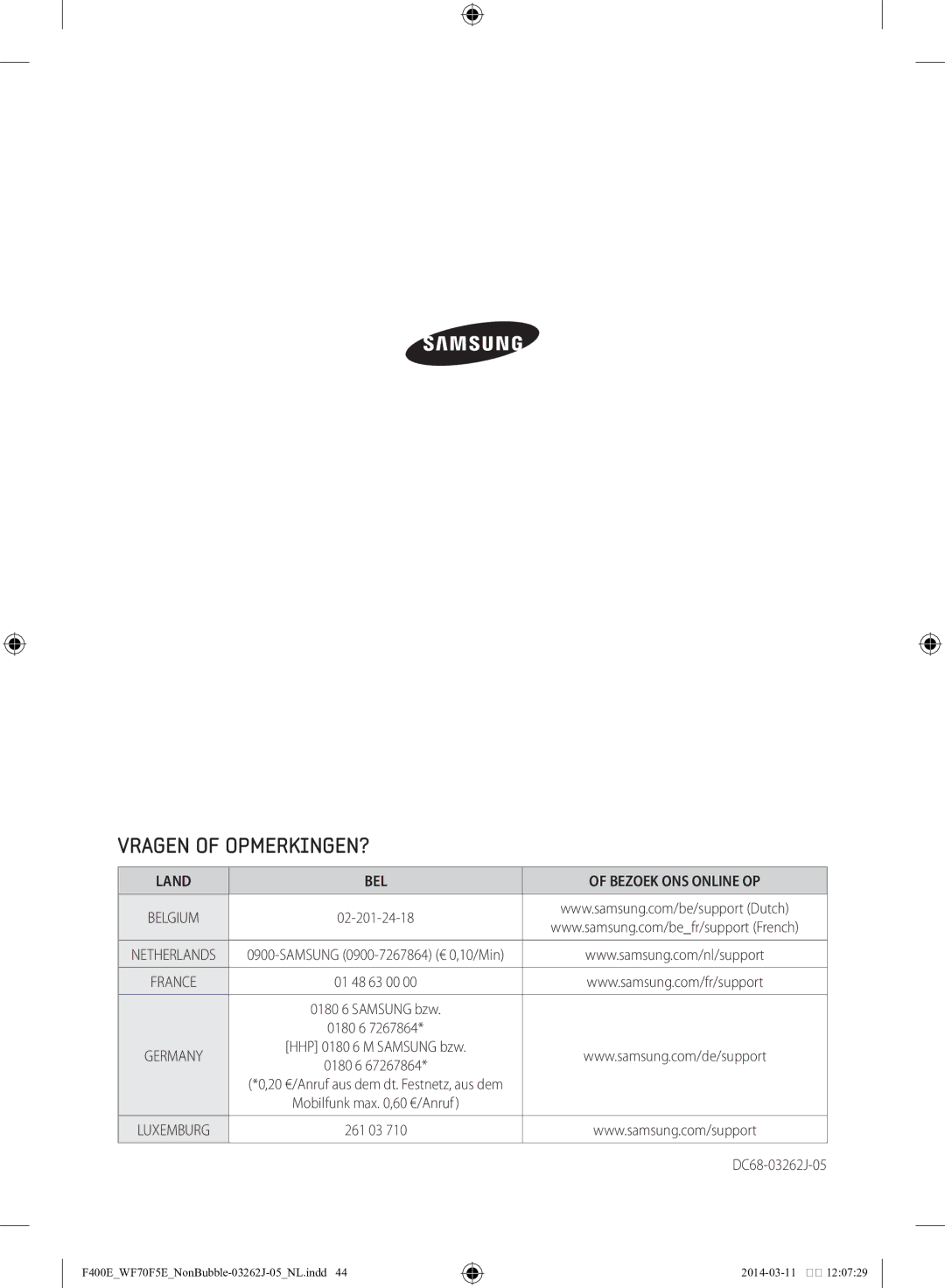 Samsung WF71F5E0Z4W/EN manual Vragen of OPMERKINGEN?, Land BEL Bezoek ONS Online OP 