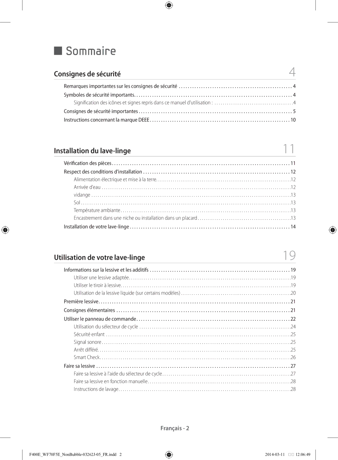 Samsung WF71F5E0Z4W/EN manual Sommaire, Consignes de sécurité 