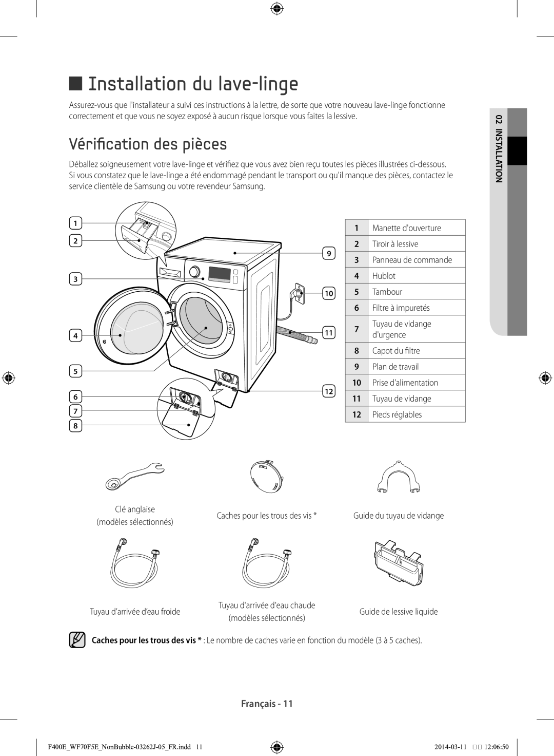 Samsung WF71F5E0Z4W/EN manual Installation du lave-linge, Vérification des pièces 