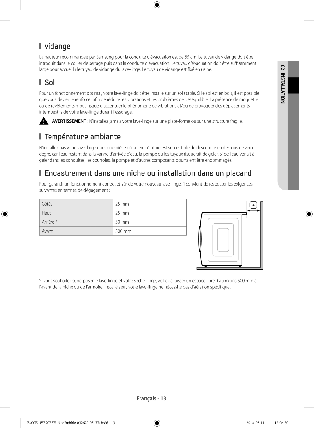 Samsung WF71F5E0Z4W/EN Vidange, Sol, Température ambiante, Encastrement dans une niche ou installation dans un placard 