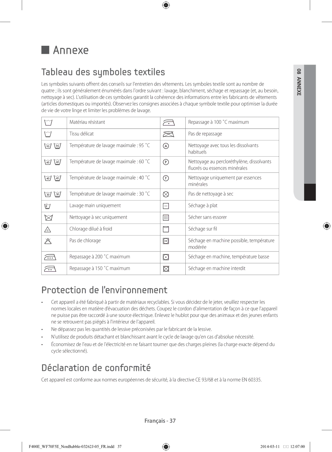 Samsung WF71F5E0Z4W/EN Annexe, Tableau des symboles textiles, Protection de l’environnement, Déclaration de conformité 