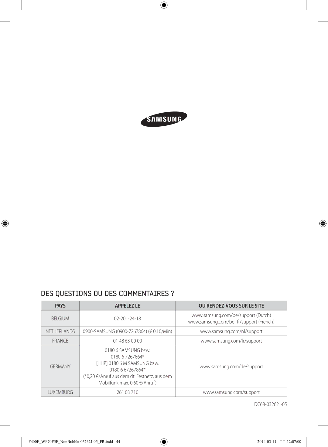 Samsung WF71F5E0Z4W/EN manual DES Questions OU DES Commentaires ?, Pays Appelez LE OU RENDEZ-VOUS SUR LE Site 