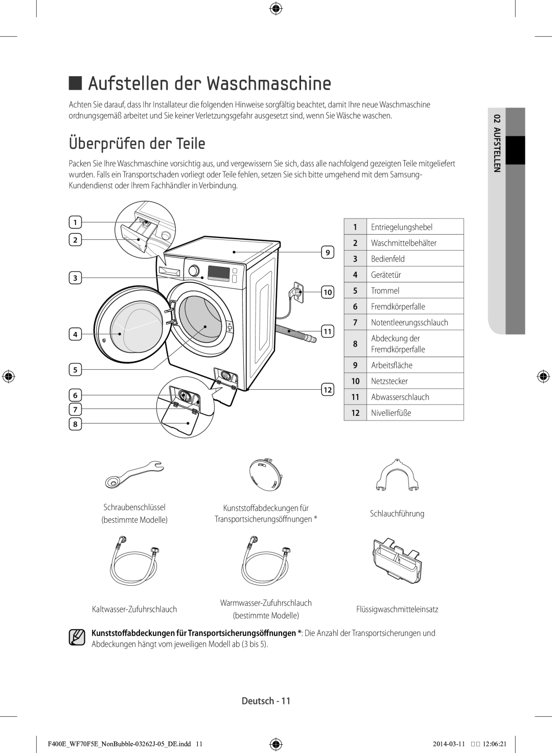 Samsung WF71F5E0Z4W/EN manual Aufstellen der Waschmaschine, Überprüfen der Teile, Kaltwasser-Zufuhrschlauch 