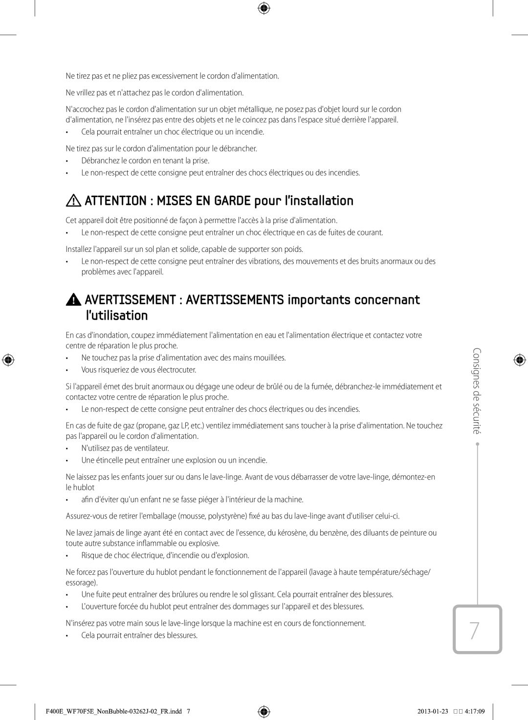 Samsung WF71F5E0Z4W/EN manual Consignes de sécurité 