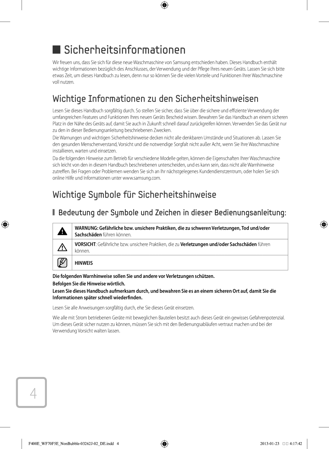 Samsung WF71F5E0Z4W/EN manual Sicherheitsinformationen, Wichtige Informationen zu den Sicherheitshinweisen 