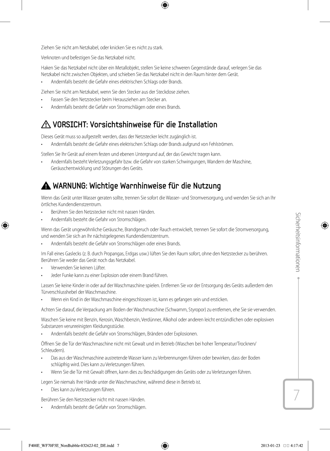 Samsung WF71F5E0Z4W/EN Vorsicht Vorsichtshinweise für die Installation, Warnung Wichtige Warnhinweise für die Nutzung 