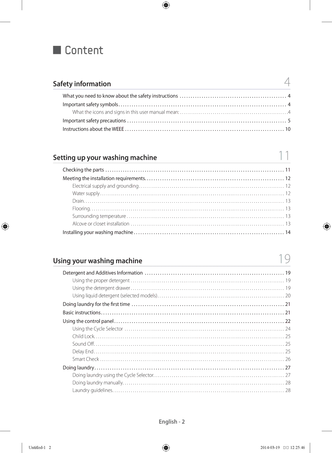 Samsung WF71F5E1W4W/EE manual Content, Safety information Setting up your washing machine, Using your washing machine 