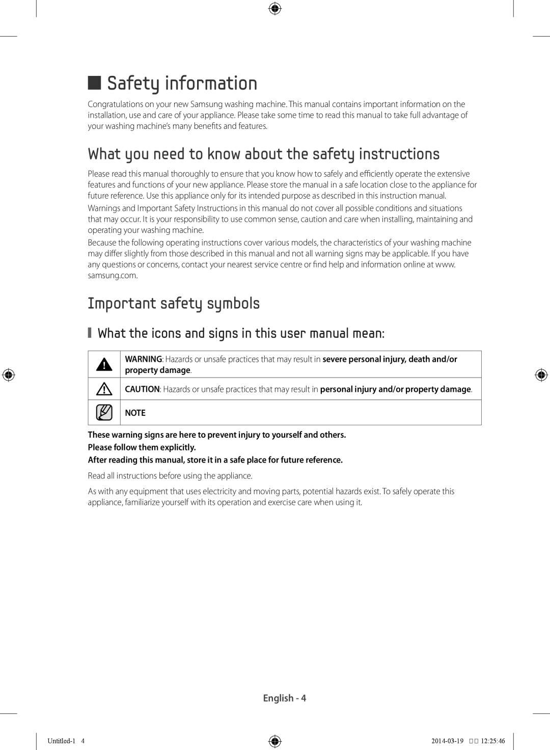 Samsung WF71F5ECW4W/EE, WF71F5E1W4W/EE, WF71F5E0Q4W/EE Safety information, Read all instructions before using the appliance 