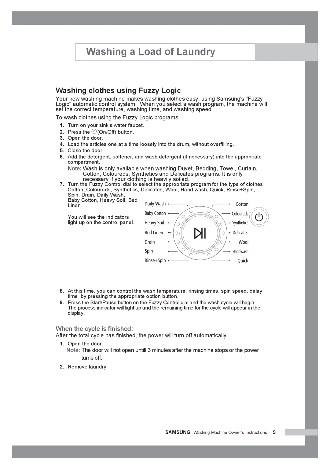 Samsung WF6528N7W/YLP, WF7350N7W/YLR, WF6450N7W/YLW manual Washing clothes using Fuzzy Logic, When the cycle is finished 